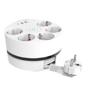 BASE REDONDA 5 TOMAS + 3USB (2 TIPO A + 1 TIPO C ) CON CABLE ENROLLADO 3X1.5mm 3 METROS Y ACCESORIO PARA COLGAR