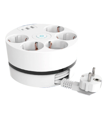 BASE REDONDA 5 TOMAS + 3USB (2 TIPO A + 1 TIPO C ) CON CABLE ENROLLADO 3X1.5mm 3 METROS Y ACCESORIO PARA COLGAR