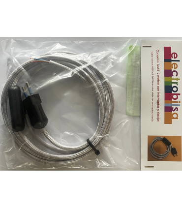 KIT CABLE TEXTIL PLATEADO 2 mts 2 X 0.75 MM. + CLAVIJA + INTERRUPTOR NEGROS