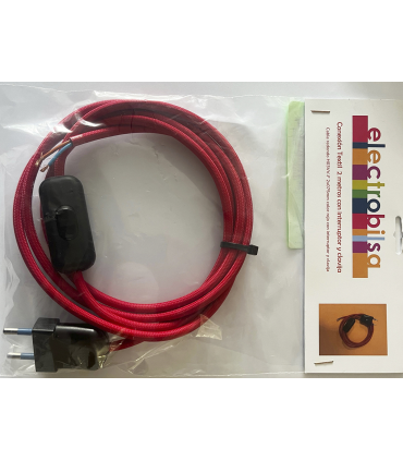 KIT CABLE TEXTIL ROJO 2 mts 2 X 0.75 MM. + CLAVIJA + INTERRUPTOR NEGROS