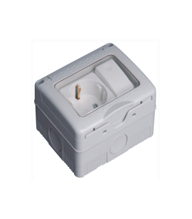 BASE  2P+T 10-16A/250V + CONMUTADOR ESTRECHO  ESTANCO DE SUPERFICIE 16A/250V IP55 CON TAPA DE PLASTICO