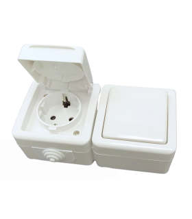 CONMUTADOR 10A 250V + BASE SCHUKO 16A 250V  DE SUPERFICIE DE EXTERIOR IP54 BLANCO