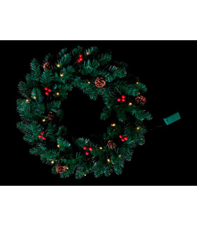 CORONA DE NAVIDAD DECORACION PIÑAS BOLITAS ROJAS 20 LEDS 0,30W 2700K 2x1,5V IP20 alto 60cm ancho 60cm baterias 2xAA