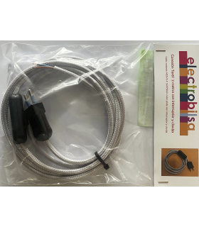 KIT CABLE TEXTIL PLATEADO 2 mts 2 X 0.75 MM. + CLAVIJA + INTERRUPTOR NEGROS