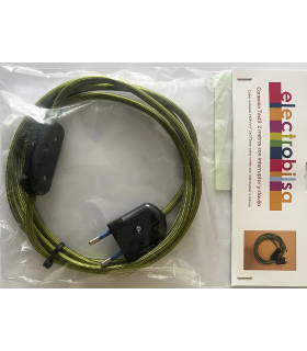 KIT CABLE TEXTIL VERDE 2 mts 2 X 0.75 MM. + CLAVIJA + INTERRUPTOR NEGROS