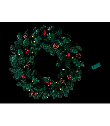 CORONA DE NAVIDAD DECORACION PIÑAS BOLITAS ROJAS 20 LEDS 0,30W 2700K 2x1,5V IP20 alto 60cm ancho 60cm baterias 2xAA