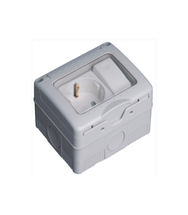 BASE  2P+T 10-16A/250V + CONMUTADOR ESTRECHO  ESTANCO DE SUPERFICIE 16A/250V IP55 CON TAPA DE PLASTICO