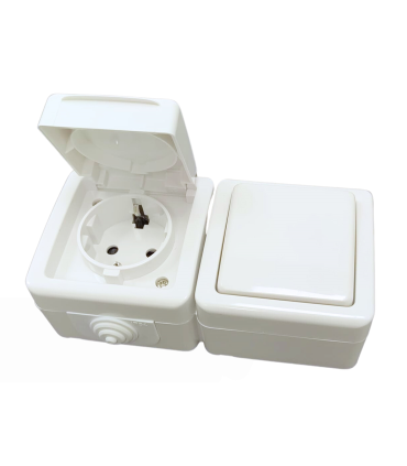 CONMUTADOR 10A 250V + BASE SCHUKO 16A 250V  DE SUPERFICIE DE EXTERIOR IP54 BLANCO