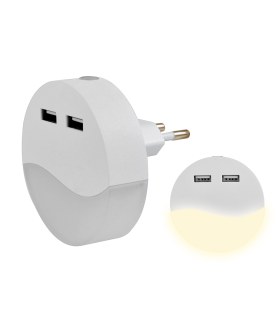 PILOTO LUZ NOCTURNA LED CON SENSOR CREPUSCULAR 2 USB 2A 0.5W 3000K  REDONDO BLANCO