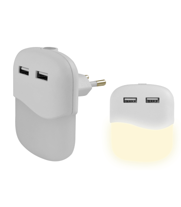 PILOTO LUZ NOCTURNA LED CON SENSOR CREPUSCULAR 2 USB 2A 0.5W 3000K CUADRADO BLANCO