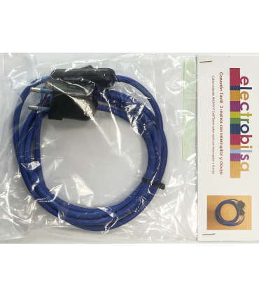 KIT CABLE TEXTIL AZUL 2 mts 2 X 0.75 MM. + CLAVIJA + INTERRUPTOR NEGROS