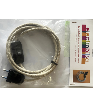 KIT CABLE TEXTIL LINO 2 mts 2 X 0.75 MM. + CLAVIJA + INTERRUPTOR NEGROS