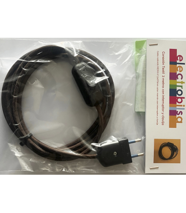 KIT CABLE TEXTIL MARRON 2 mts 2 X 0.75 MM. + CLAVIJA + INTERRUPTOR NEGROS